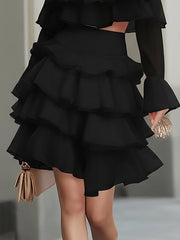 Maeyira Black Two Piece Tiered Ruffle Crop Top Mini Skirt Set
