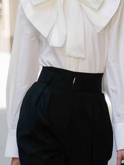 Maeyira Chic Vintage White Shirt - Large Bow Tie & Stand-up Collar