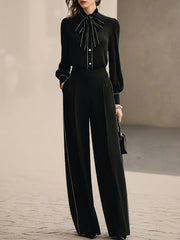 Maeyira Black Shirt & Wide Leg Pants Set with Elegant White Piping