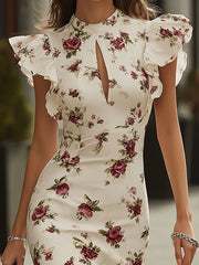 Maeyira White Floral Print Midi Dress with Ruffle Sleeves