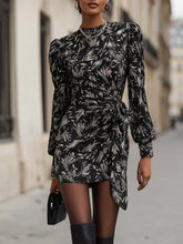 Maeyira Chic Black Floral Print Satin Mini Dress with Puff Sleeves