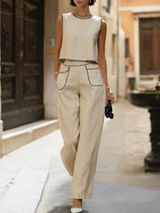 Maeyira Cream Wide Leg Pants Set with Functional Side Pockets