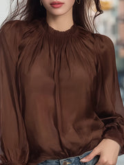 Maeyira Stand-Collar Satin Blouse with Sheer Chiffon Sleeves