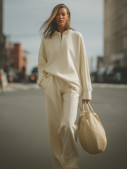 Maeyira Beige Half-Zip Oversized Top & Wide Leg Pants Set