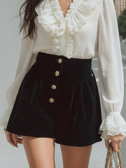 Maeyira Ruffled V-Neck Blouse and Velvet Shorts Fashion Set