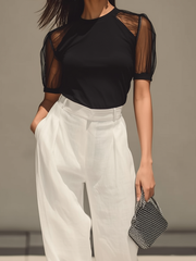 Maeyira Chic Contrast Sheer Sleeve Top & High-Waist Pants Set