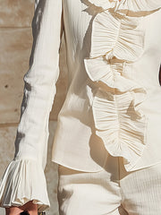 Maeyira Cream Ruffle Trim Blouse - Elegant Long Sleeve Design
