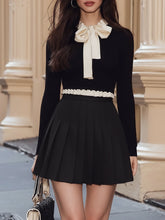 Maeyira Black Knit Top and White Bow Pleated Skirt Two Piece Set