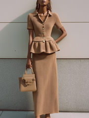 Maeyira Beige Textured Two Piece - Knit Button Top Midi Skirt