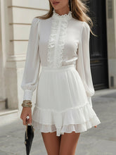 Maeyira White Ruffle Mini Dress with High Neck and Long Sleeves