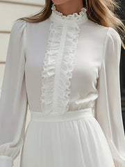 Maeyira White Ruffle Mini Dress with High Neck and Long Sleeves