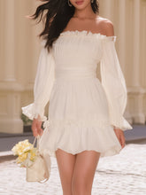 Maeyira Off-White Long Sleeve Off Shoulder Dress Ruffle Trim