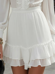 Maeyira White Ruffle Mini Dress with High Neck and Long Sleeves