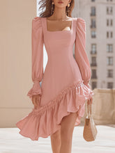 Maeyira Pink Square Neck Puff Sleeve Dress with Irregular Ruffle Hem