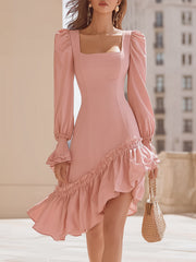 Maeyira Pink Square Neck Puff Sleeve Dress with Irregular Ruffle Hem