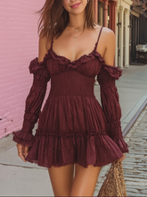 Maeyira Burgundy Off Shoulder Mini Dress with Ruffle Trim