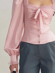 Maeyira Blush Satin Blouse with Elegant Lace Trim - V-Neck Style