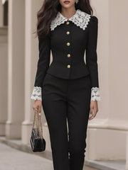 Maeyira Chic Lace-Collared Fitted Blazer & Cigarette Pants Suit Set