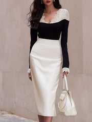 Maeyira Black White Two Piece - Lace Trim V-neck Top Midi Skirt