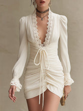 Maeyira Elegant Deep V-Neck Dress - Cream with Crochet Lace Detail