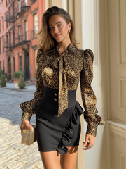 Maeyira Leopard Print Bow Blouse Black Ruffle Skirt Two Piece