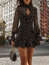 Maeyira Black Polka Dot Mini Dress with Bow Collar - Sheer Long Sleeve