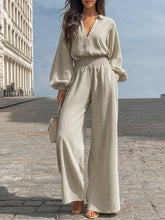 Maeyira Elegant V-Neck Lantern Sleeve Top & Wide-Leg Linen Set