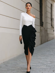 Maeyira White One Shoulder Top Black Ruffle Midi Skirt Two Piece