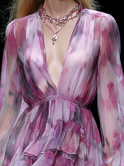 Maeyira Pink & Purple Chiffon Mini Dress V-Neck Layered Hem