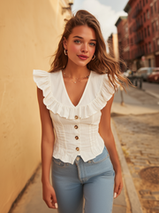 Maeyira White V-Neck Top with Elegant Ruffle Trim & Button Front