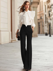 Maeyira White Ruffle Bow Blouse & Black Wide Leg Pants - 2pc Set
