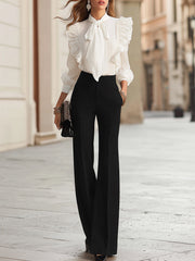 Maeyira White Ruffle Bow Blouse & Black Wide Leg Pants - 2pc Set