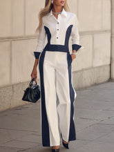 Maeyira White and Navy Two Piece Set - Color Block Shirt Wide Leg Pants