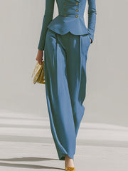 Maeyira Blue Two Piece Suit - Peplum Blazer and Wide Leg Pants Set