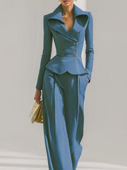 Maeyira Blue Two Piece Suit - Peplum Blazer and Wide Leg Pants Set