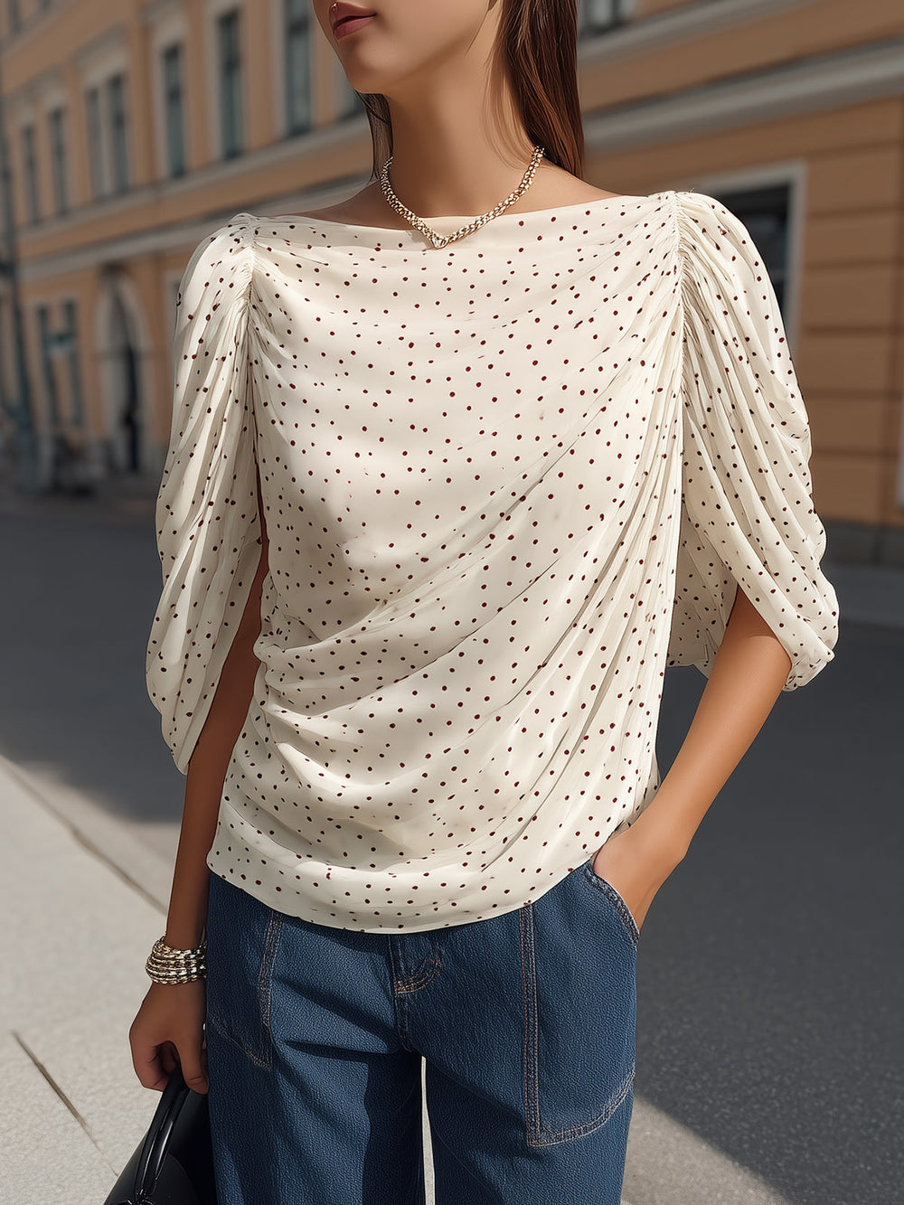 Maeyira Cream Polka Dot Blouse with Flowy Dolman Sleeves