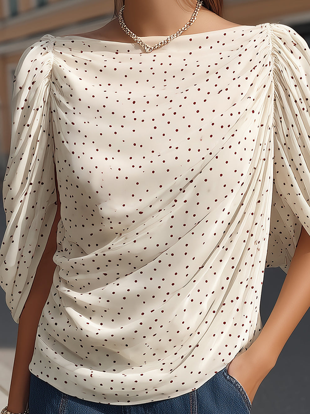 Maeyira Cream Polka Dot Blouse with Flowy Dolman Sleeves
