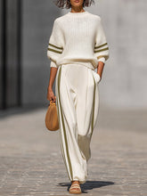 Maeyira Cream White Knitted Wide-leg Pants Set With Side Stripes