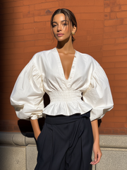 Maeyira Elegant White V-Neck Blouse with Voluminous Puff Sleeves