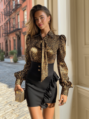 Maeyira Leopard Print Bow Blouse Black Ruffle Skirt Two Piece