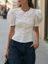 Maeyira White Peter Pan Collar Blouse - Elegant Puff Sleeve Fit