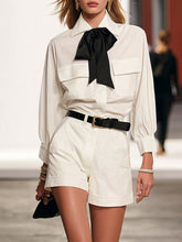 Maeyira White Shirt & Shorts Set - Neck Tie Detail, No Belt Style
