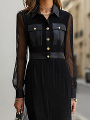 Maeyira Black Sheer Maxi Dress with Gold Buttons - Long Sleeve Collar