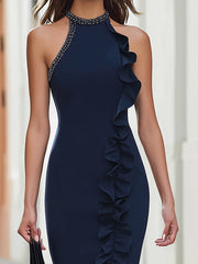 Maeyira Navy Blue Halter Maxi Dress Ruffle Trim High Slit