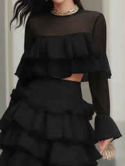 Maeyira Black Two Piece Tiered Ruffle Crop Top Mini Skirt Set