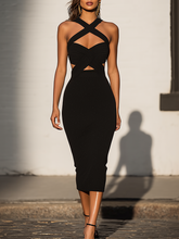 Maeyira Black Halter Midi Dress Crisscross Cutout Detail