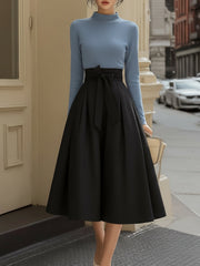 Maeyira Blue Black Two Piece - Turtleneck Top A-Line Skirt