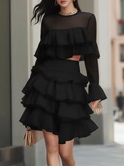 Maeyira Black Two Piece Tiered Ruffle Crop Top Mini Skirt Set