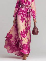 Maeyira Pink Floral Maxi Dress Deep V-Neck Wrap Tie Waist