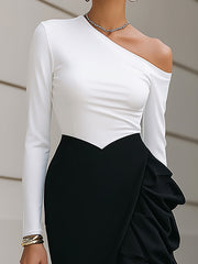 Maeyira White One Shoulder Top Black Ruffle Midi Skirt Two Piece